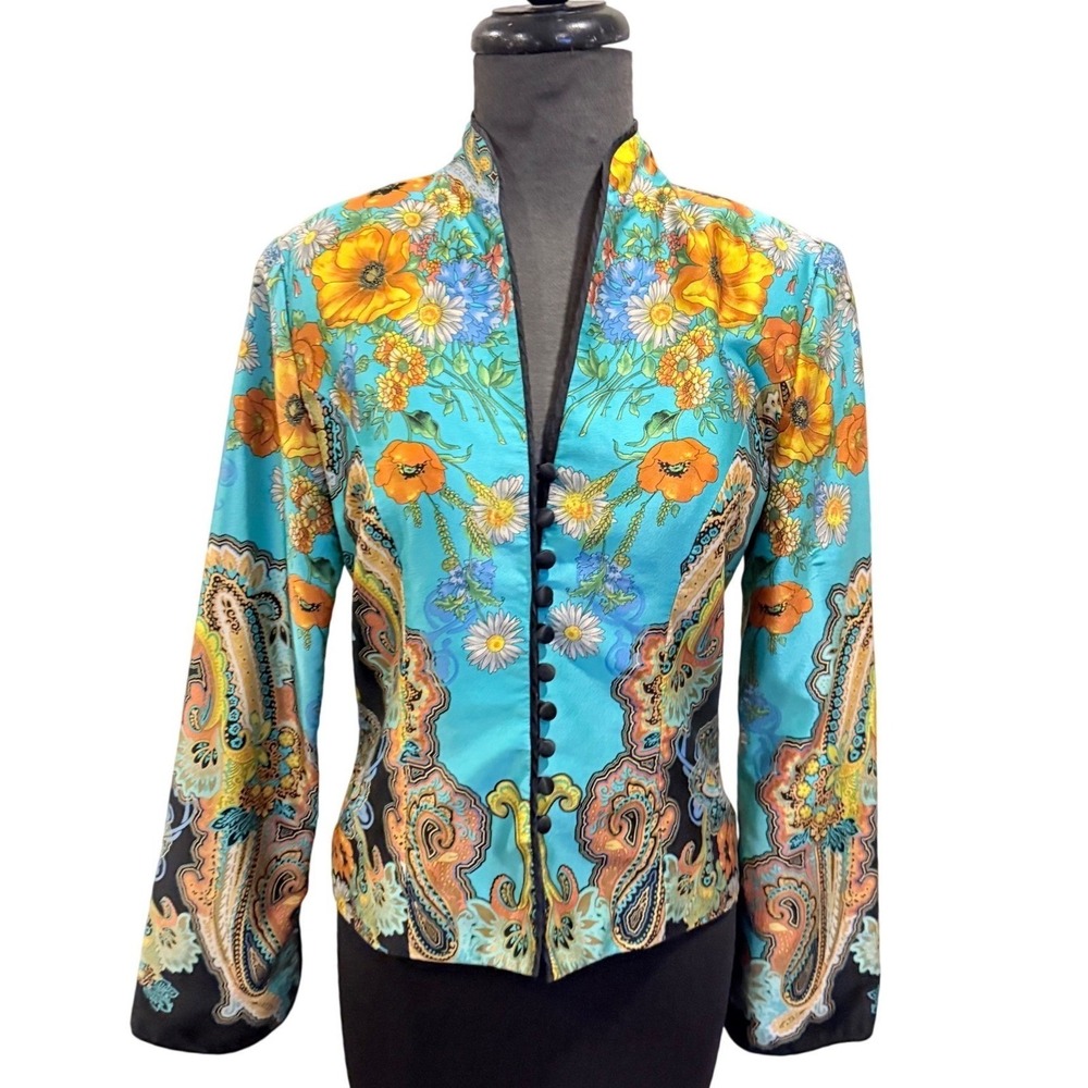 JS Collections Silk Floral Paisley Jacket Turquoise Orange Loop Button Size 6